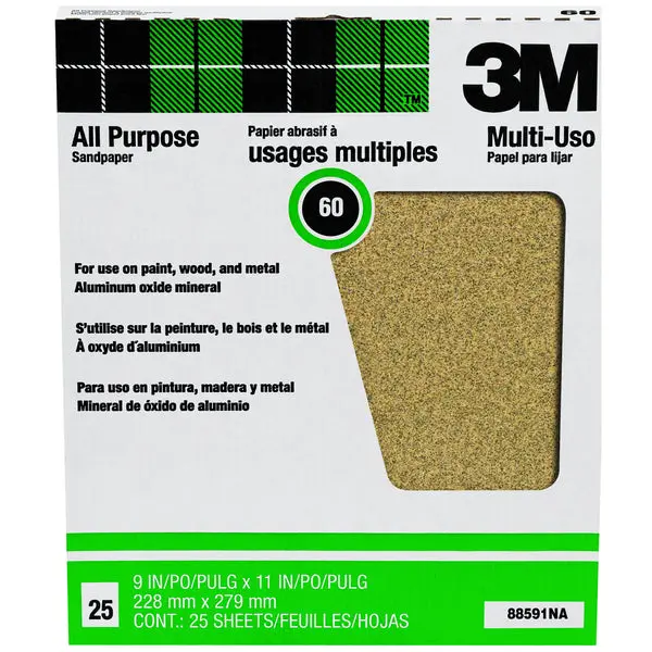 3M 88591 Pro-Pak Aluminum Oxide Sandpaper 60 Grit 9x11 Inch 25-Count Rough Sanding