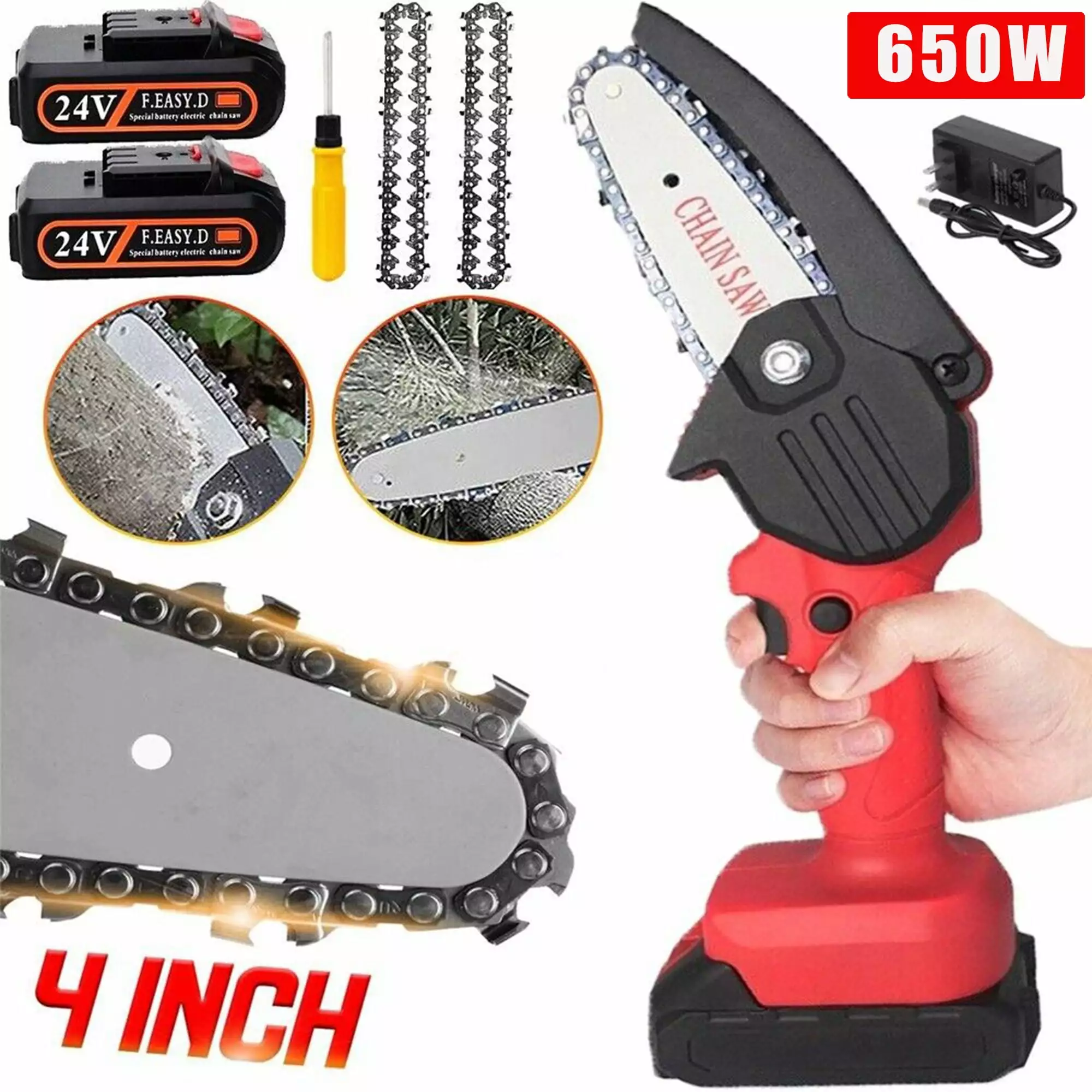 24V 4-inch Mini Handheld Electric Chainsaw Cordless Chain Saw Wood Cutter Rechargeable Beirui