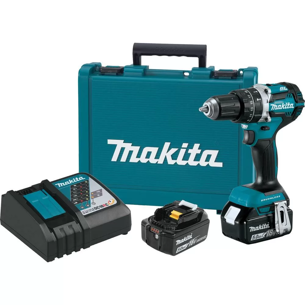 Makita 18V LXT Brushless Cordless 1/2 . Hammer Driver-Drill Kit 5.0Ah Battery