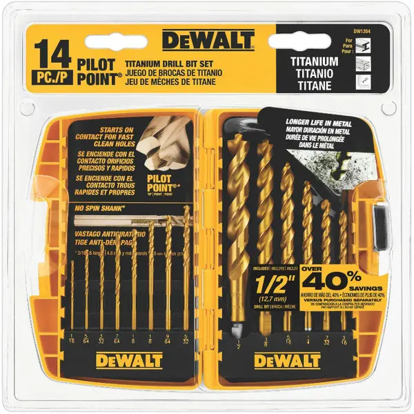 DeWalt DW1354 Titanium Pilot Point Drill Bit Set 14-Piece