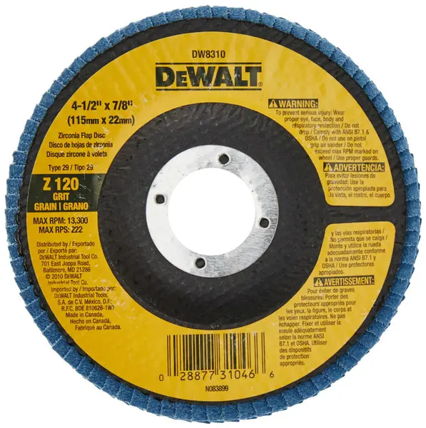 DeWalt DW8310 High Performance Zirconia Flap Disc 120 Grit 4.5 Inch x 7/8 Inch