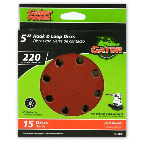 Gator 4140 5 Inch Aluminum Oxide 8-Hole Hook and Loop Sanding Discs 220 Grit 15-Pack