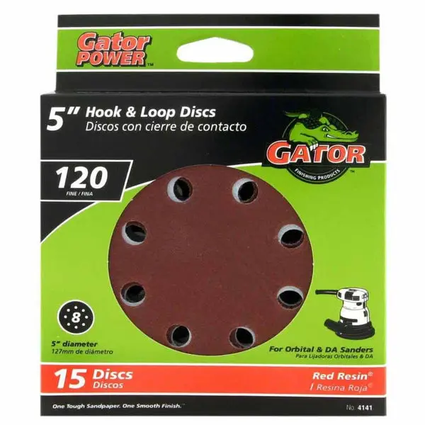 Gator 4141 5 Inch Aluminum Oxide 8-Hole Hook and Loop Sanding Discs 120 Grit 15-Pack