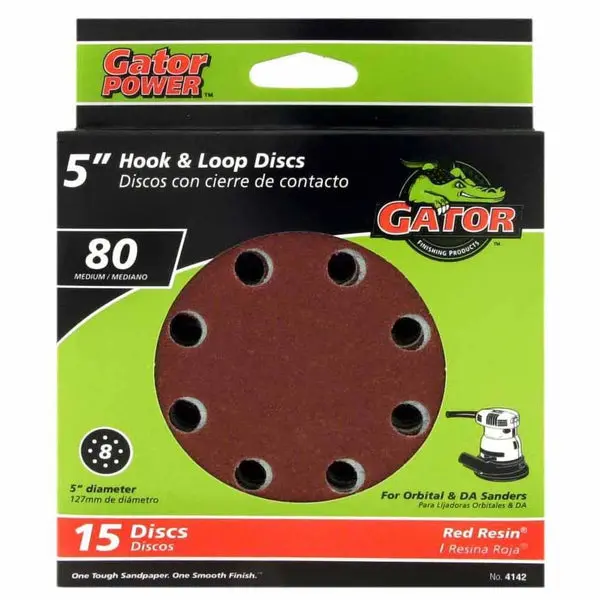 Gator 4142 5 Inch Aluminum Oxide 8-Hole Hook and Loop Sanding Discs 80 Grit 15-Pack