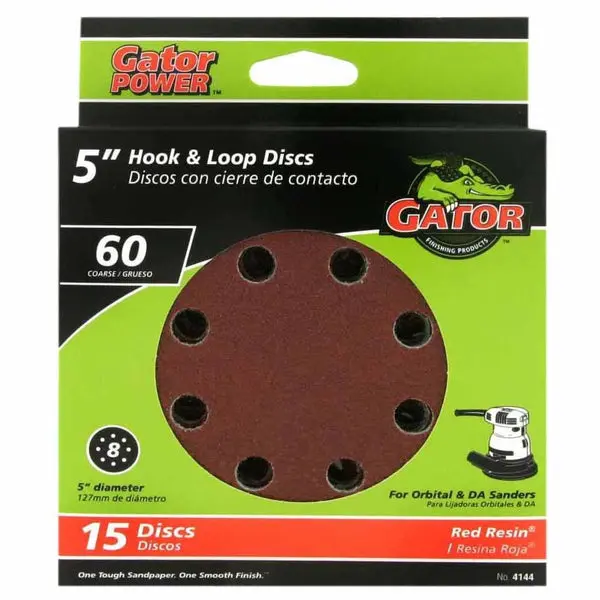 Gator 4144 5 Inch Aluminum Oxide 8-Hole Hook and Loop Sanding Discs 60 Grit 15-Pack