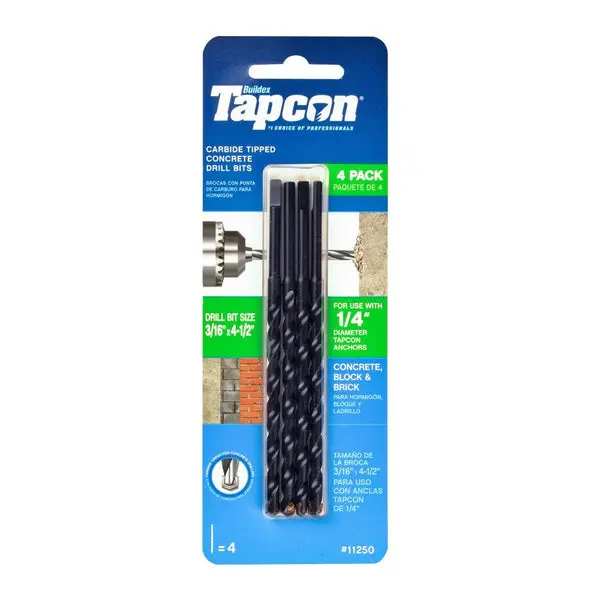 Tapcon Carbide-Tipped Concrete Drill Bit 3/16 x 4-1/2 Inch 4-Pack 11250
