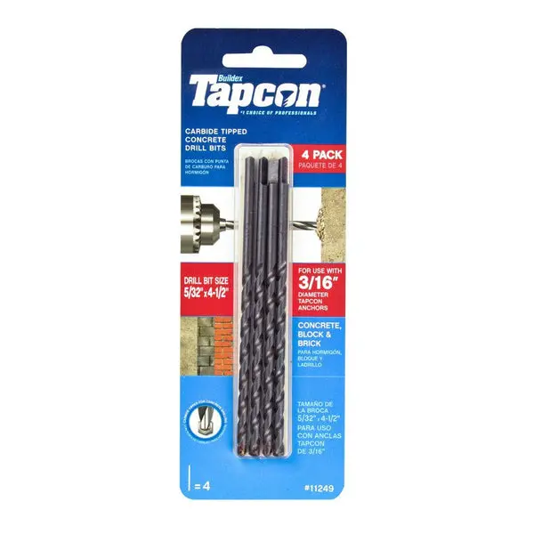 Tapcon Carbide-Tipped Concrete Drill Bit 5/32 x 4-1/2 Inch 4-Pack 11249