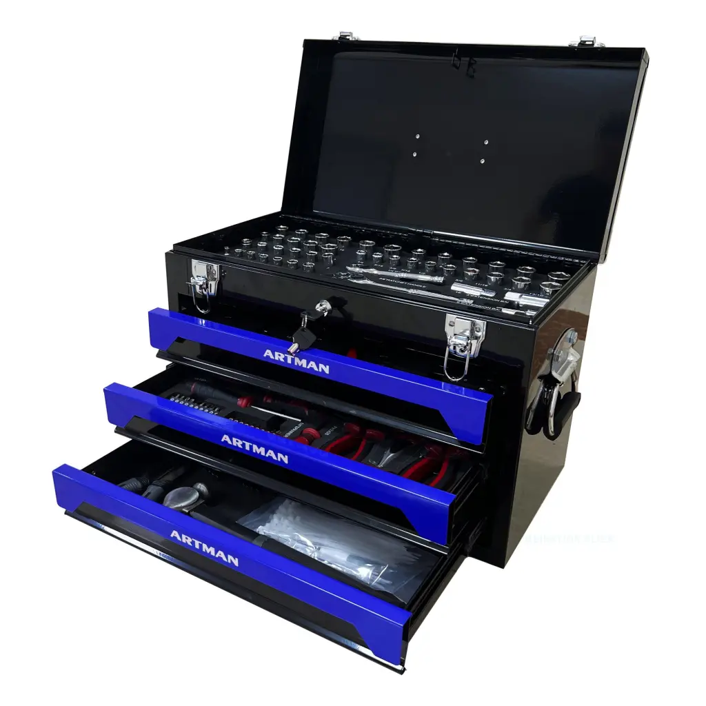 3 Drawers Tool Box Tool Set Black Blue Steel Portable Storage artman