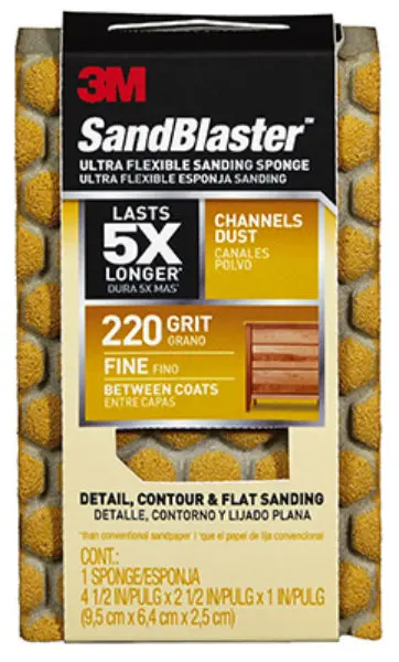 3M 20907 Sandblaster Ultra Flexible Sanding Sponge 220-Grit 4.5x2.5 Inch