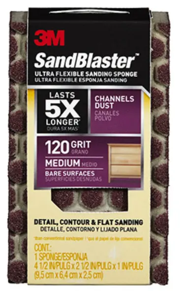 3M 20908 Sandblaster Ultra Flexible Sanding Sponge 120-Grit 4.5x2.5 Inch