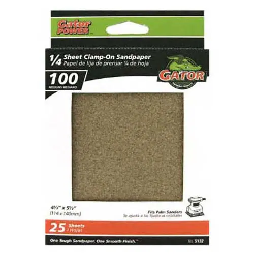 Gator 5132 1/4 Sheet Clamp-On Sandpaper 100 Grit 4.5x5.5 Inch 25-Pack Wood Sanding