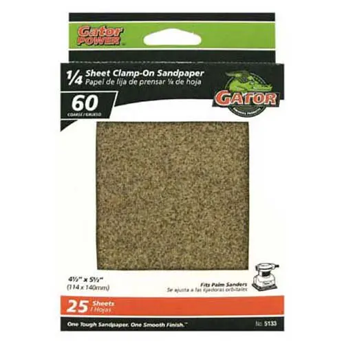 Gator 5133 1/4 Sheet Clamp-On Sandpaper 60 Grit 4.5x5.5 Inch 25-Pack Rough Sanding