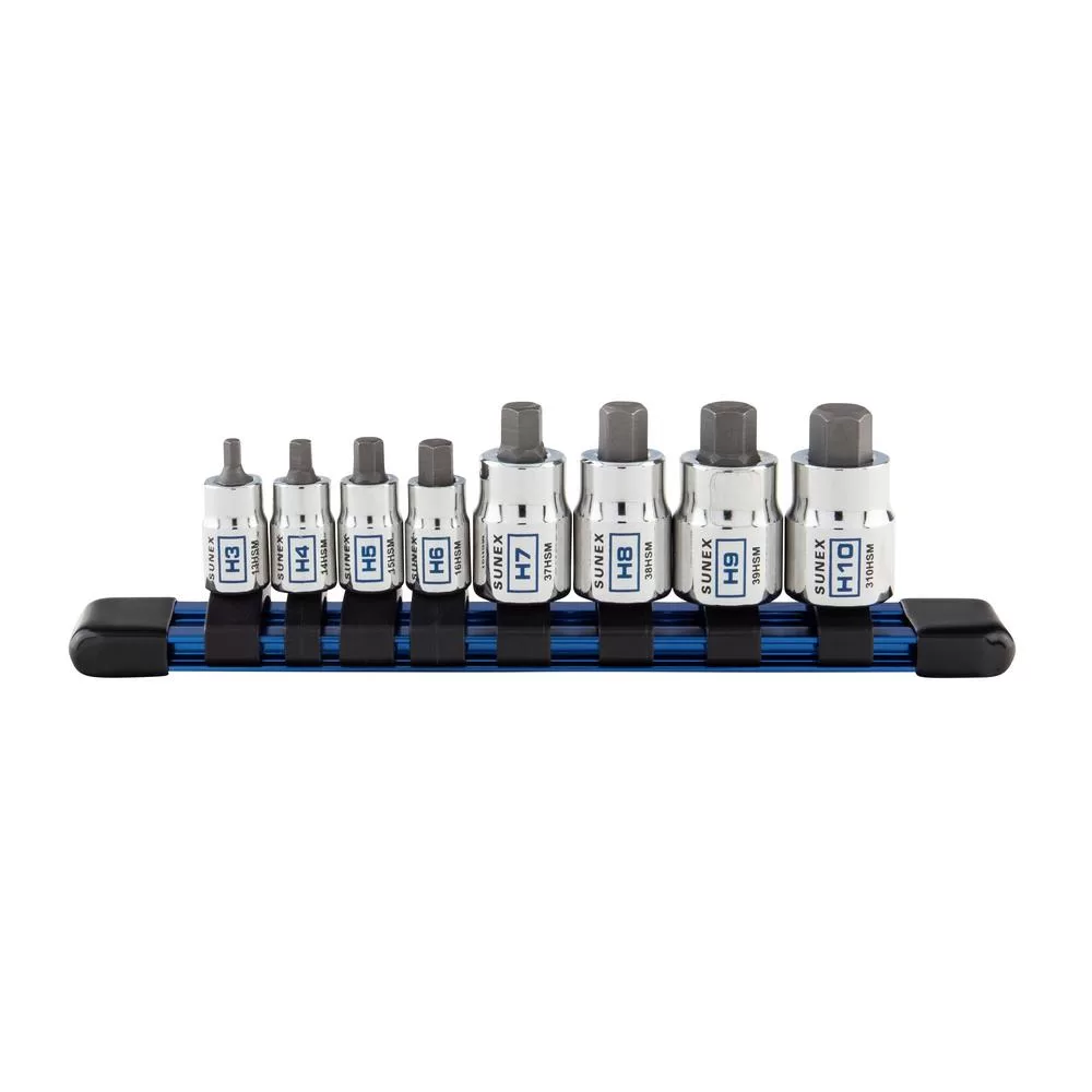 SUNEX TOOLS 1/4 . and 3/8 . Drive Metric Chrome Stubby Hex Bit Socket Set 8-Piece