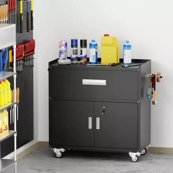 Steel Tool Cabinet Drawers and Open Cabinet on Wheels Black Mobile Storage YTTX