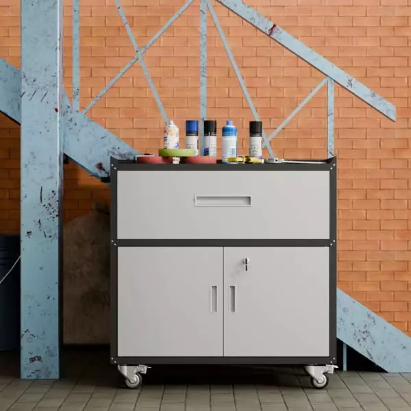 Steel Tool Cabinet Drawers and Open Cabinet on Wheels Black and Grey YTTX